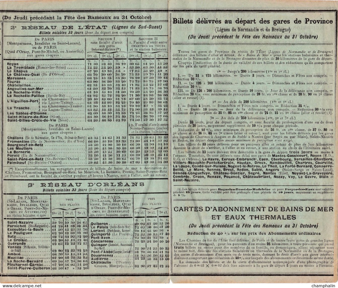 France - SNCF - Horaires Des Trains Au Départ De Paris Pour Bains De Mer + Bateaux Angleterre - Début XXème Siècle - Europe