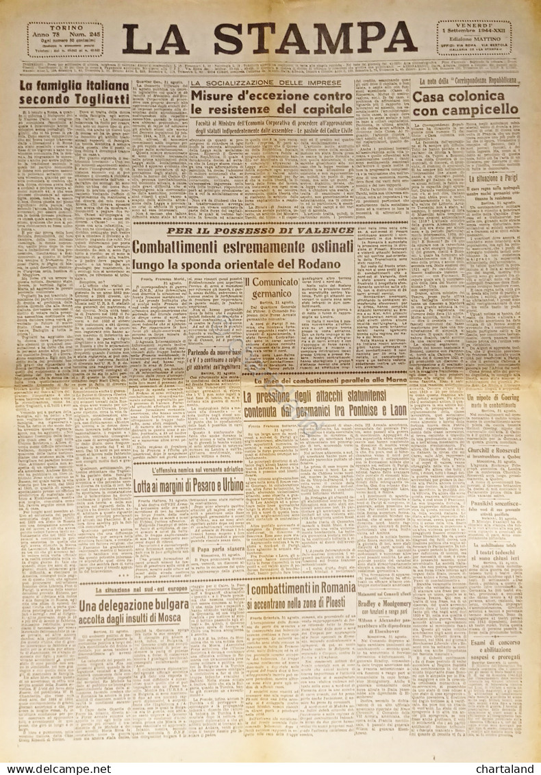 Quotidiano - La Stampa N. 245 - 1944 La Famiglia Italiana Secondo Togliatti - Altri & Non Classificati