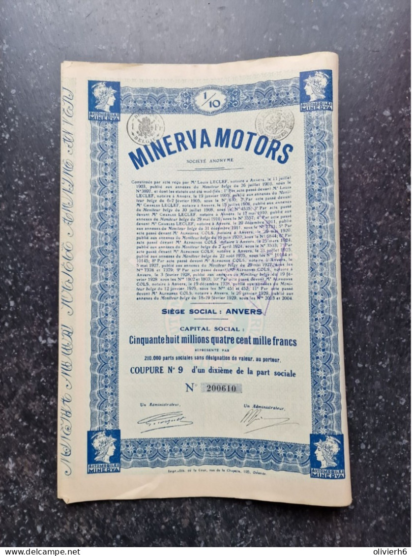 VP ACTION (V2309) MINERVA MOTORS (3 Vues) Automobiles Minerva Coupure N°9 D'un Dixième De La Part Sociale Numéro 200610 - Automobilismo