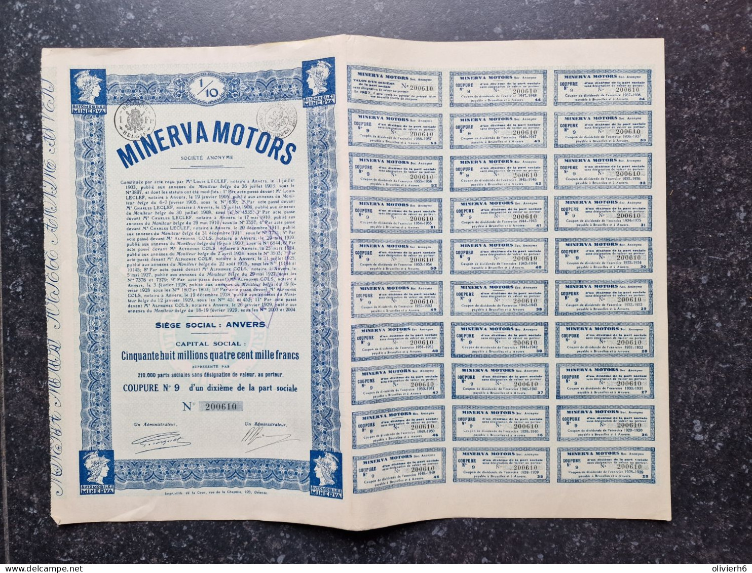 VP ACTION (V2309) MINERVA MOTORS (3 Vues) Automobiles Minerva Coupure N°9 D'un Dixième De La Part Sociale Numéro 200610 - Cars