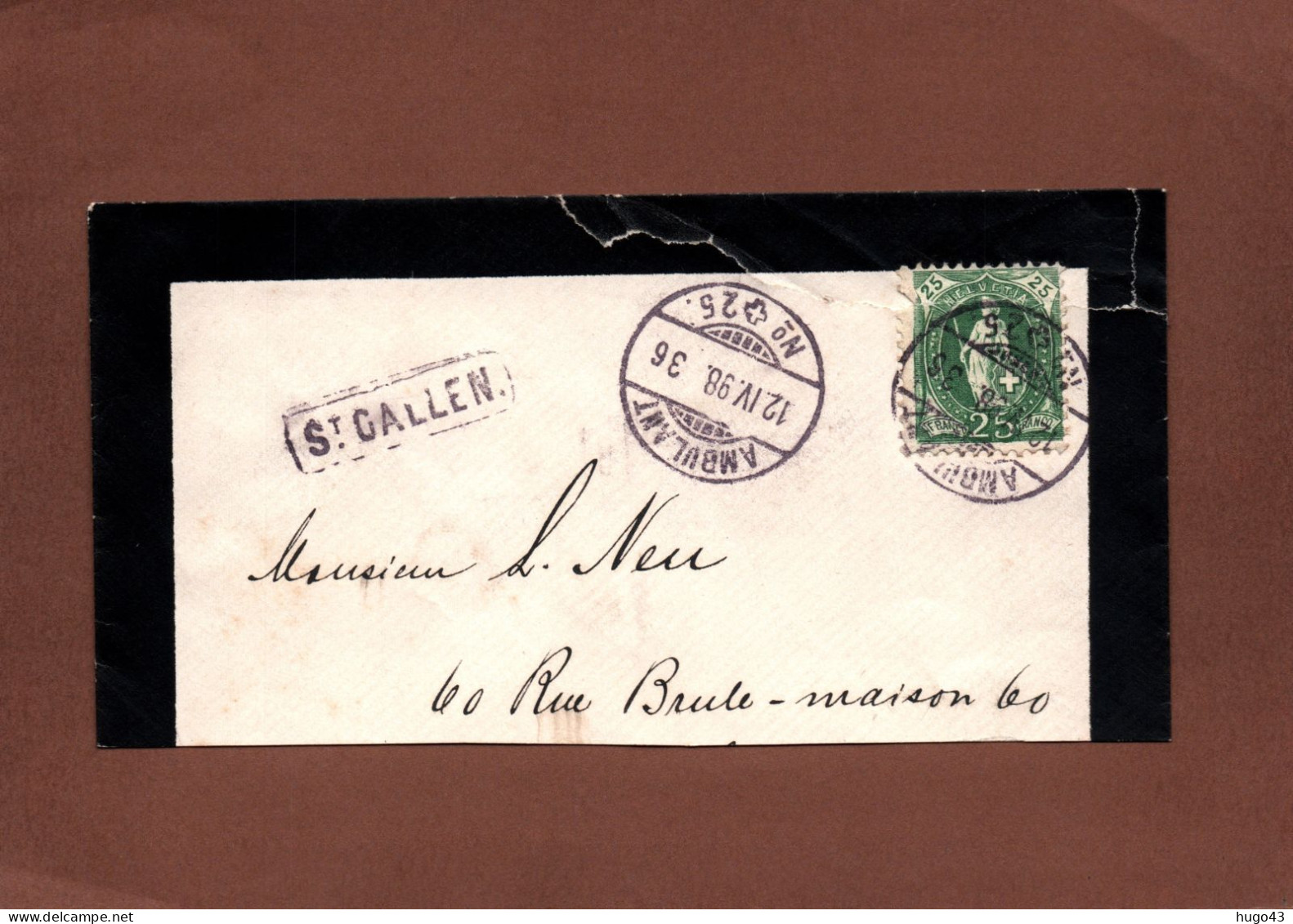 (RECTO / VERSO) SUISSE - FRAGMENT ENVELOPPE EN 1898 - TIMBRE DECHIRE - BEAU CACHET AMBULANT N° 25 - Ferrovie