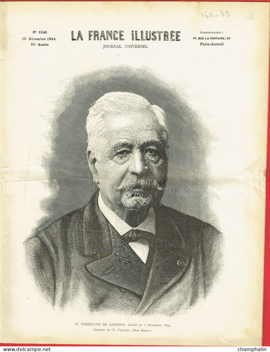 France - Journal 'La France Illustrée' N°1046 Du 15 Décembre 1894 - Ferdinand De Lesseps, Chronique De Paris - 1850 - 1899
