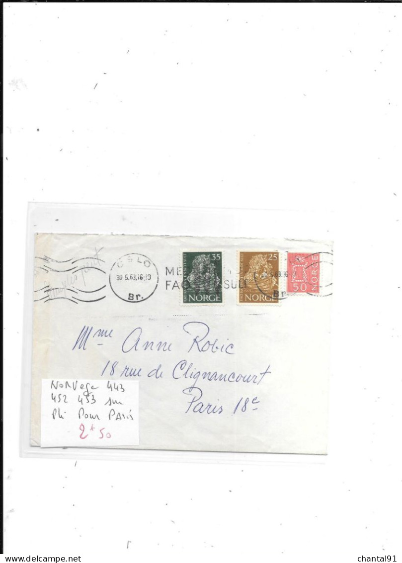 NORVEGE N° 443.452.453 OBL SUR PLI POUR PARIS - Covers & Documents