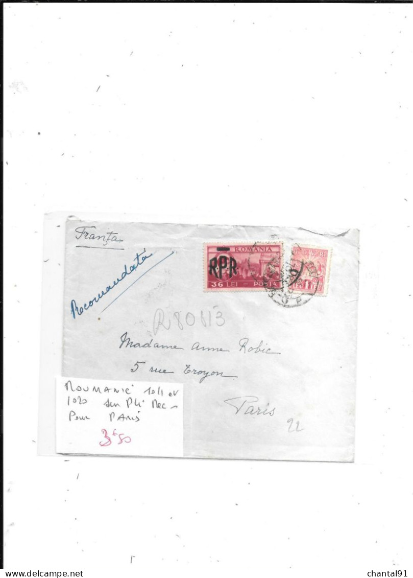 ROUMANIE N° 1011 ET 1020 OBL SUR PLI POUR PARIS - Storia Postale