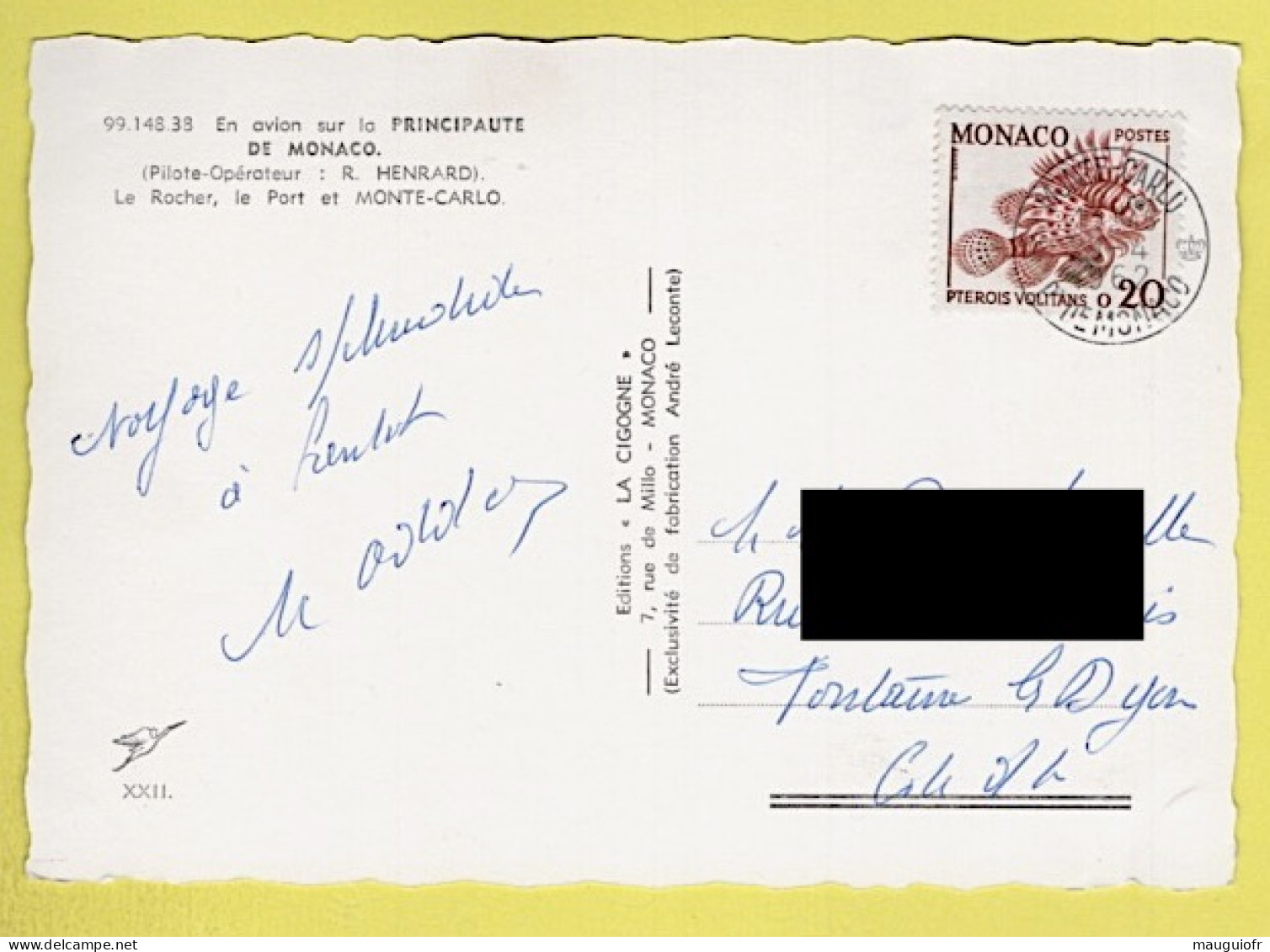 MONACO SUR CARTE POSTALE / TP 542 POISSON RASCASSE VOLANTE / 1962 - Lettres & Documents