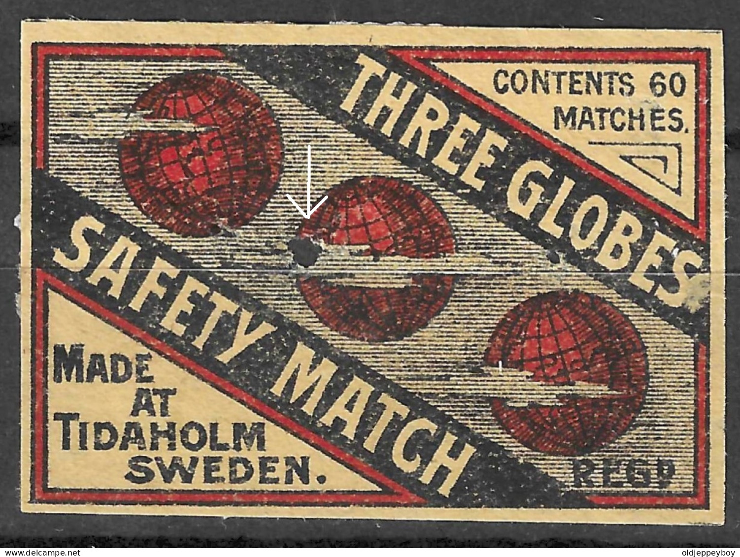  MADE  IN TIDAHOLM SWEDEN VINTAGE Phillumeny MATCHBOX LABEL THREE GLOBES  5  X 3.5 CM  SMALL HOLE AS INDICATED IN SCAN - Matchbox Labels