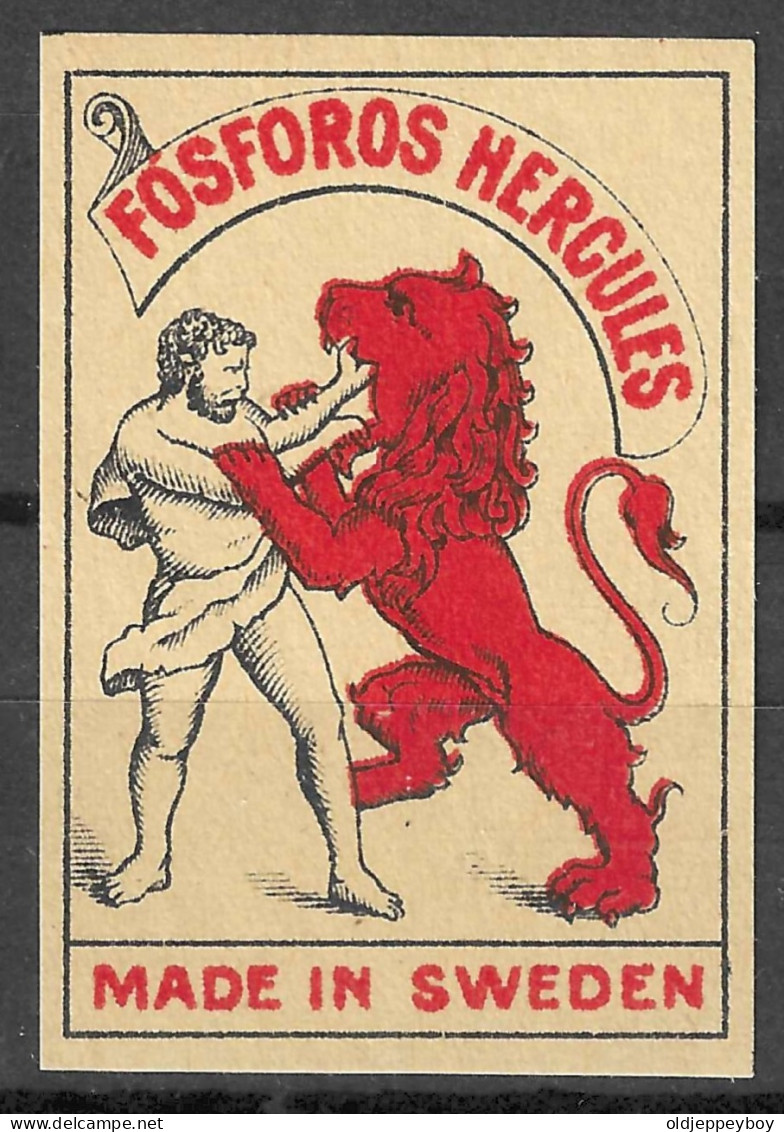  MADE  IN  SWEDEN VINTAGE Phillumeny MATCHBOX LABEL FOSFOROS HERCULES MAN FIGHTING LION  5  X 3.5 CM  RARE - Boites D'allumettes - Etiquettes