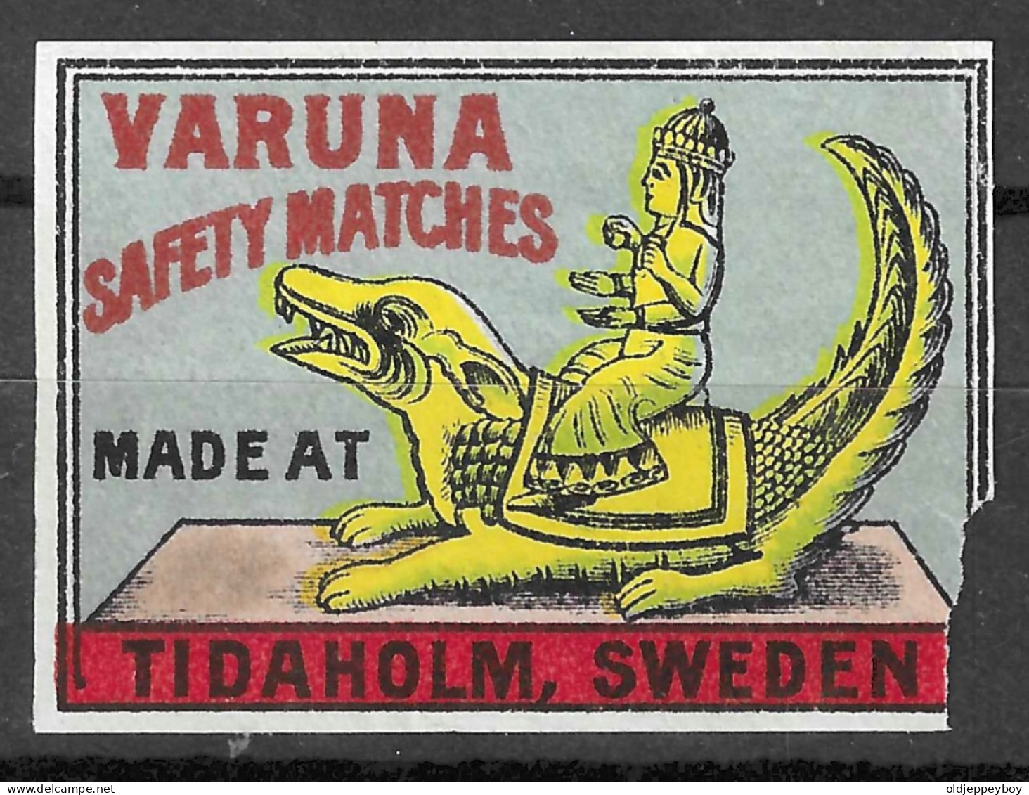 MADE IN SWEDEN TIDAHOLM  VINTAGE Phillumeny MATCHBOX LABEL Varuna Safety Matches   5.5  X 3.5 CM  RARE - Matchbox Labels