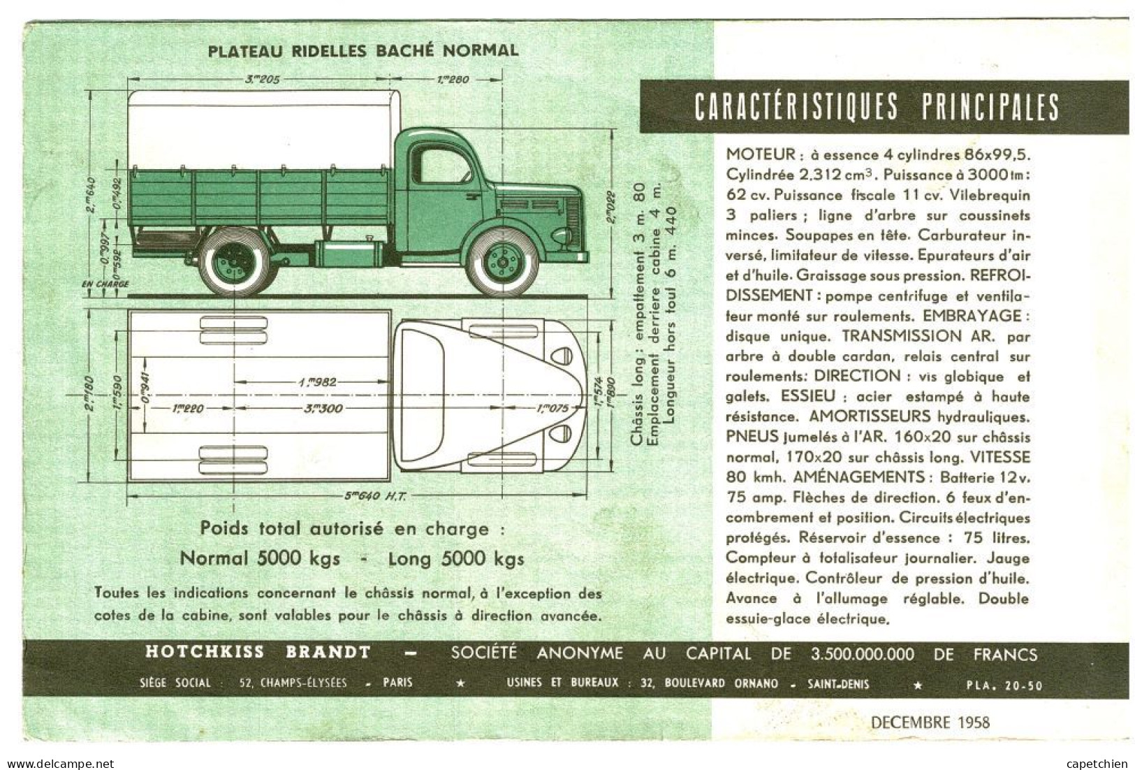 PLAQUETTE TECHNIQUE DU VEHICULE HOTCHKISS PL50 / DECEMBRE 1958 / 210 X 135 Mm - Materiaal En Toebehoren