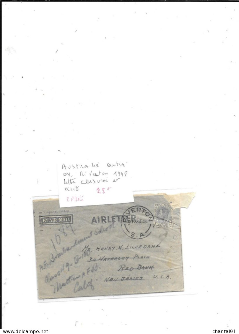 AUSTRALIE ENTIER OBL RIVERTON 1948 LETTRE CENSUREE ET ECRITE - Entiers Postaux