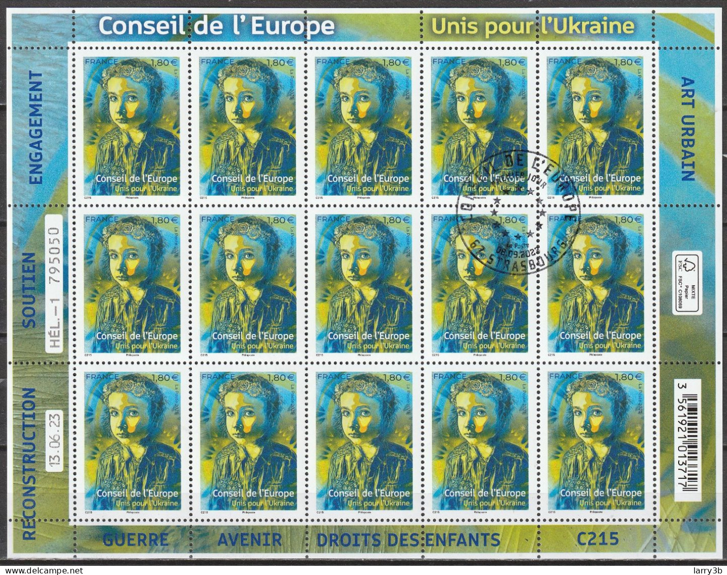 2023 - Y/T 184 - Timbres Service - OBL 1er JOUR - "UNIS POUR L’UKRAINE" BLOC FEUILLET 15 TIMBRES - Usati