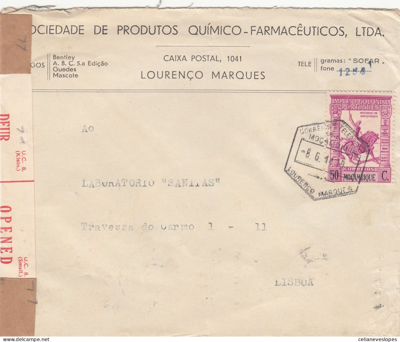 Portuguese L. Marques, Carta Circulada De L. Marques Para Lisboa Em 1944, Com Sençura - Lourenzo Marques