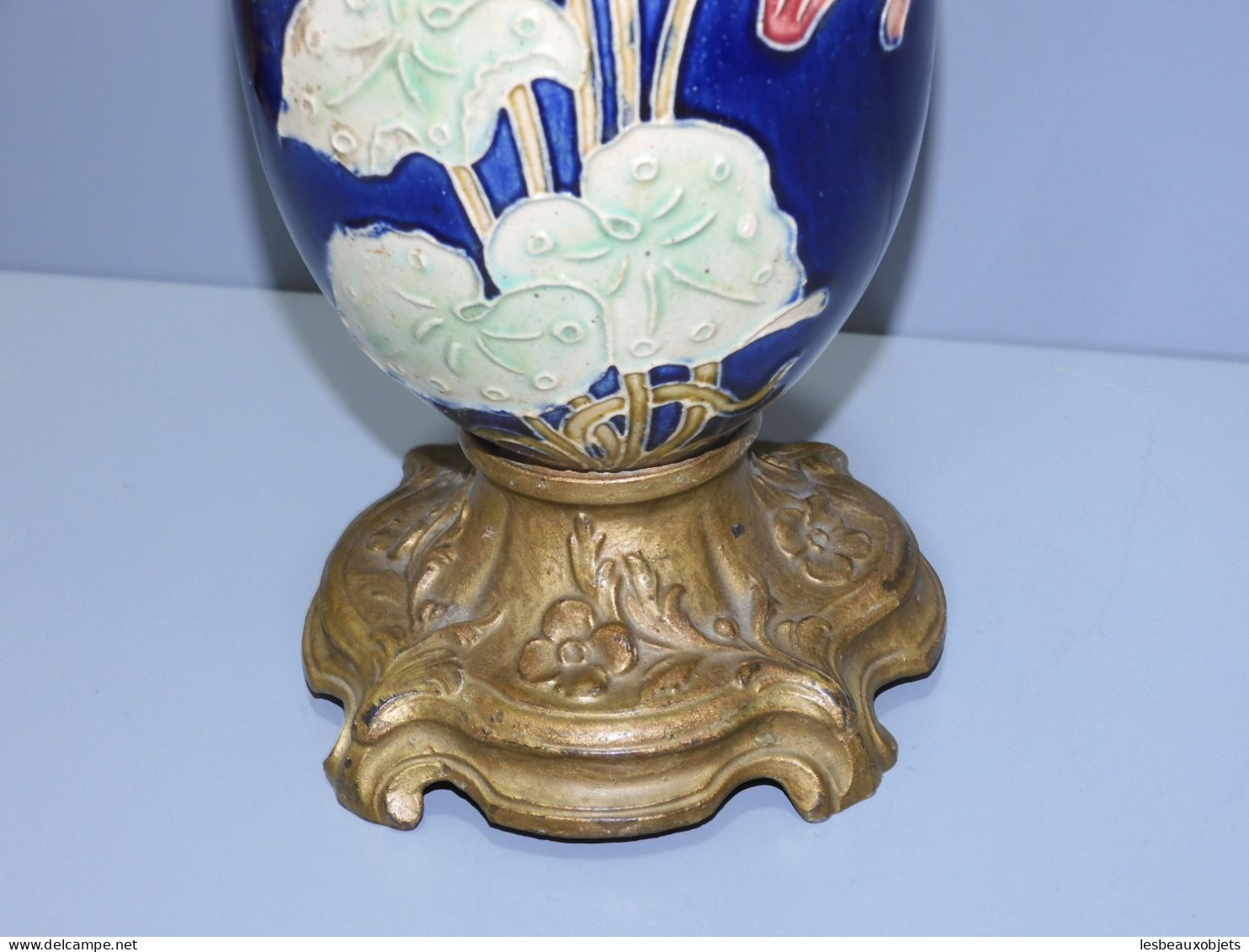 - ANCIEN VASE BARBOTINE PIED REGULE Redoré COLLECTION DECO VITRINE    E