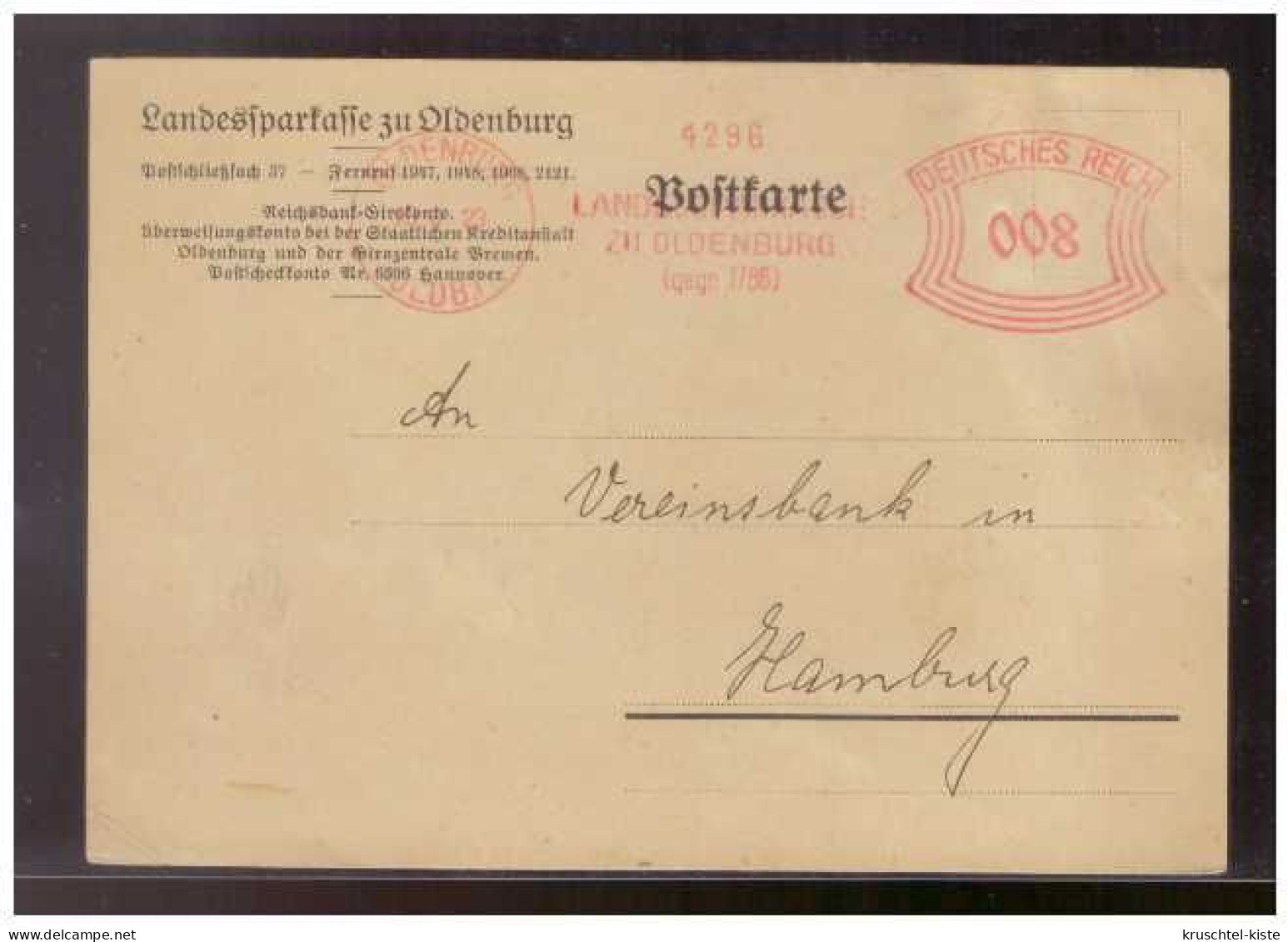 Dt-Reich (009270) Postkarte Zahlungsbestätigung Landessparkasse Zu Oldenburg An Vereinsbank In Hamburg 27.8.1929 - Frankeermachines