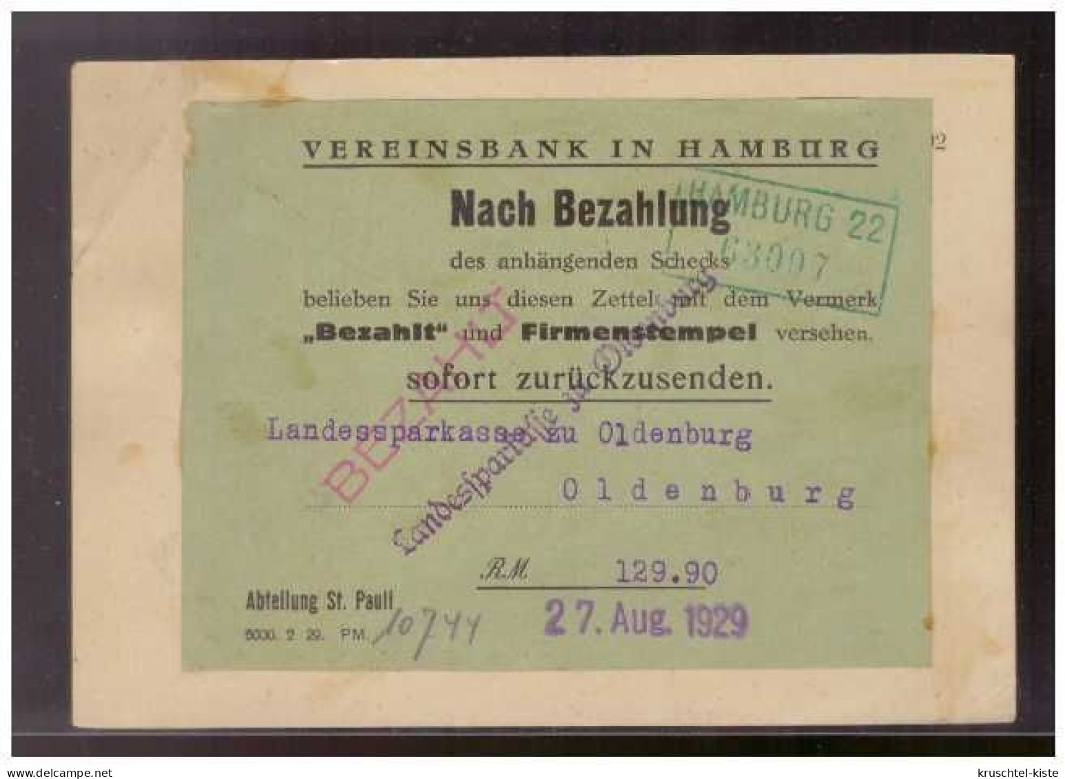 Dt-Reich (009270) Postkarte Zahlungsbestätigung Landessparkasse Zu Oldenburg An Vereinsbank In Hamburg 27.8.1929 - Machines à Affranchir