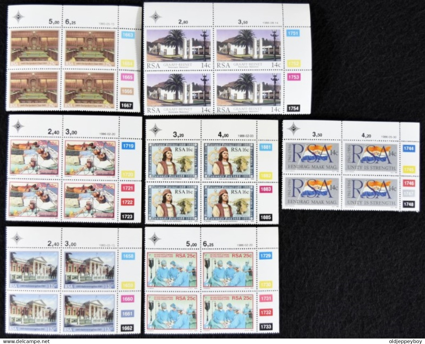 SOUTH AFRICA 7 X  CONTROL  BLOCKS OF 4 WITH MARGIN SHEET Nªs 1985 TO 1986 MONUMENTS, HISTORIC, NURSING, FLAG, FAMILY  - Blocks & Sheetlets