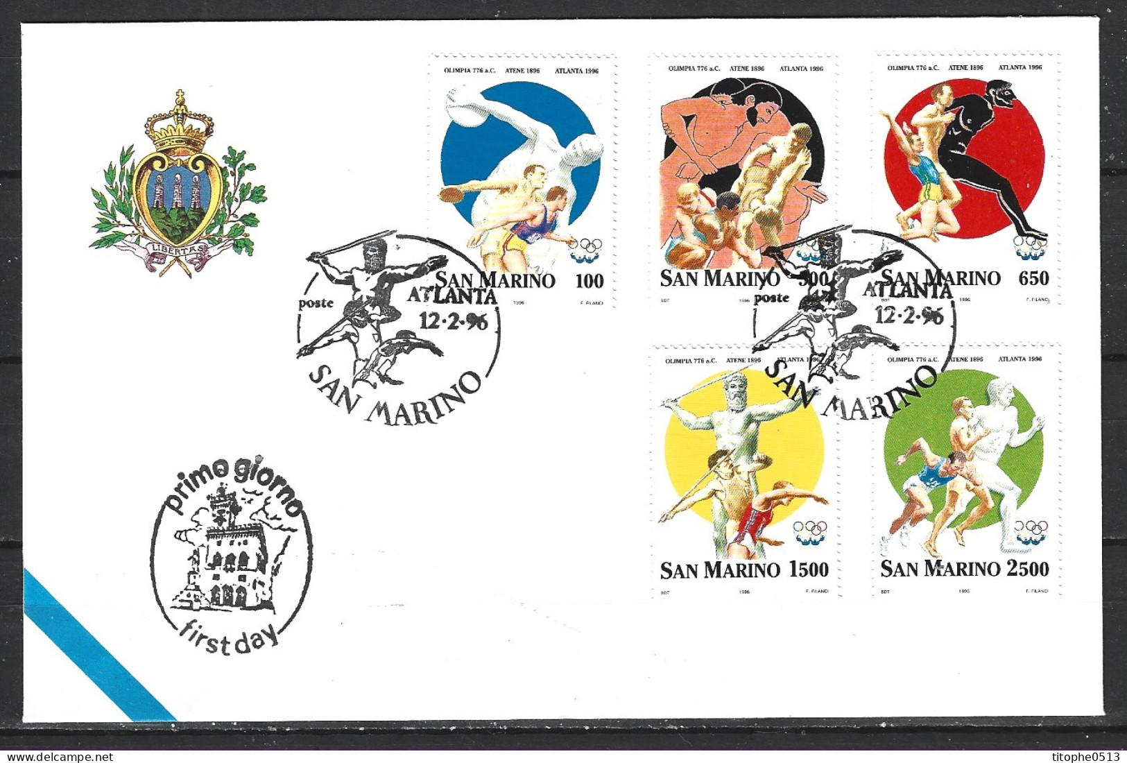 SAINT-MARIN. N°1433-7 Sur Enveloppe 1er Jour (FDC) De 1996. J.O. D'Atlanta/Centenaire Des J.O./Lutte. - Lotta