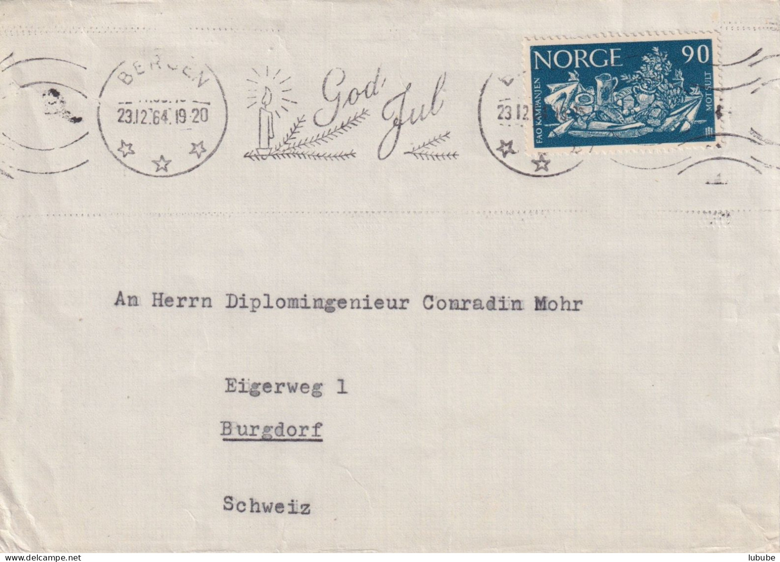 Brief  Bergen - Burgdorf  (God Jul)        1964 - Covers & Documents