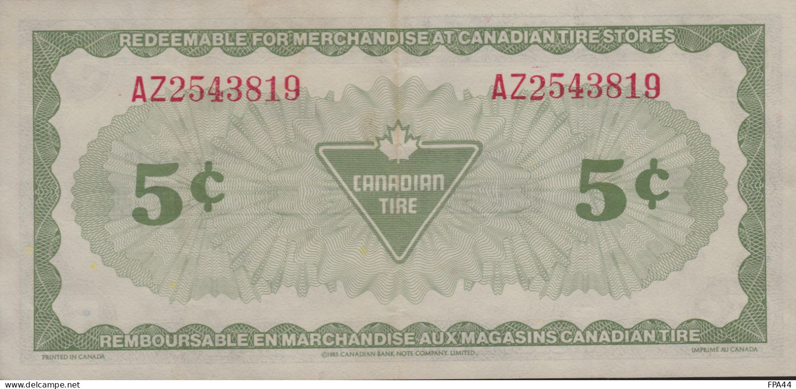 CANADA TIRE 5 Cents   1985 Cash Bonus - Canada