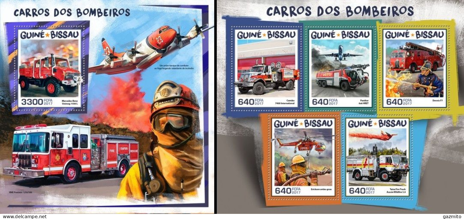 Guinea Bissau 2017, Fire Engines III, Trucks, Planes, 5val In BF+BF - Camions