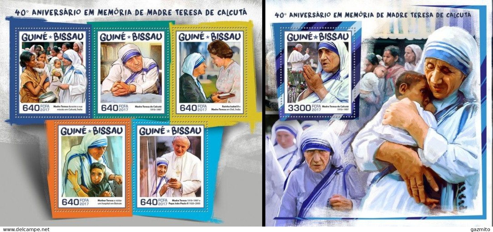 Guinea Bissau 2017, Mother Teresa, J. Paul II, 5val In BF+BF - Mother Teresa