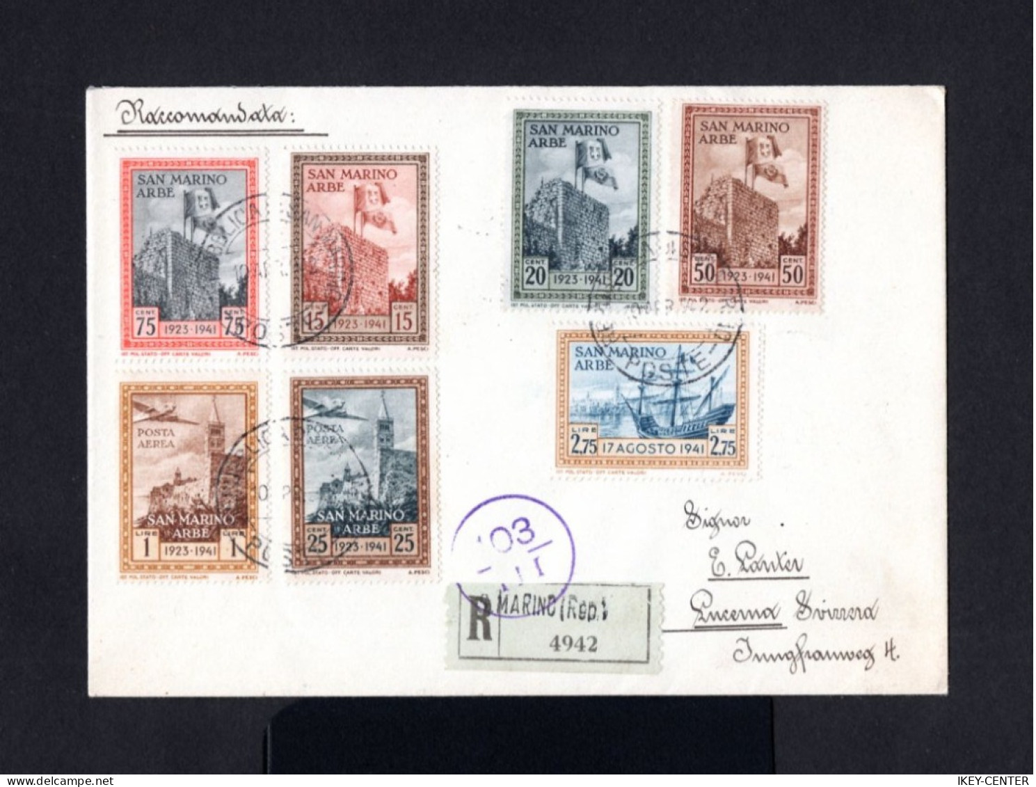 K542-SAN MARINO-REGISTERED COVER SAN MARINO To LUZERN (switzerland) 1942.WWII.envelope RECOMMANDEE SAINT MARINE - Covers & Documents