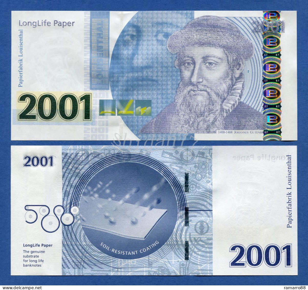 Louisenthal / Giesecke Devrient G&D - Johannes Gutenberg 2001 Specimen Test Note Unc - Specimen