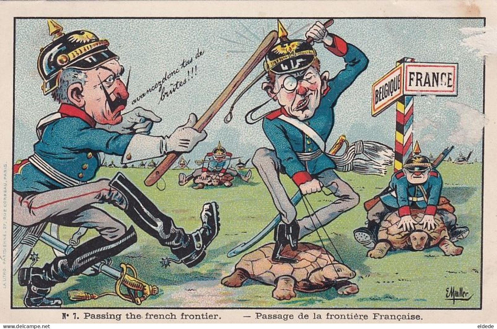 Anti German Card WWI Kaiser French Border Riding Tortoise Signed Muller Belgium. Tortue Frontière France Invasion - Schildpadden