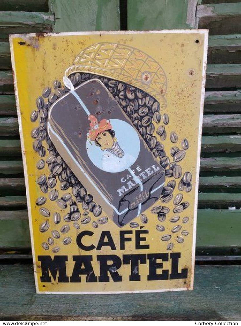 Ancienne Plaque Tôle Publicitaire Café Martel - Enameled Signs (after1960)