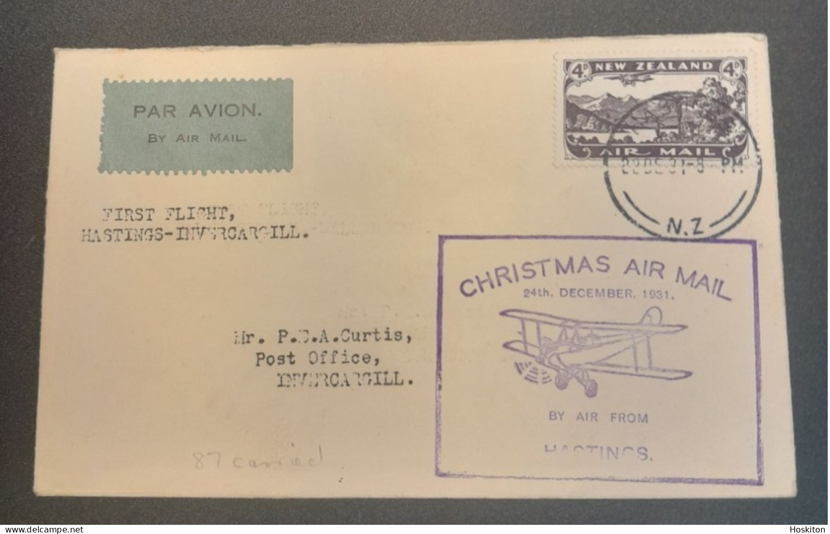 1931 -24 Dec Special Christmas Survey Flights Cat 65n Hastings-Invercargill. - Brieven En Documenten