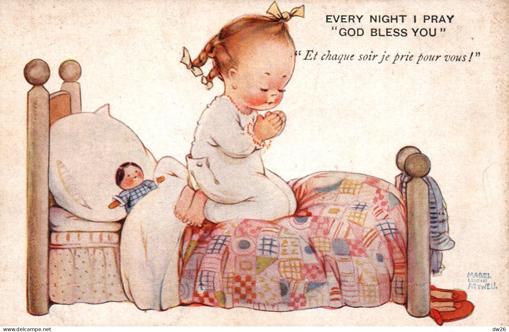 Illustration Mabel Lucie Attwell: Chaque Soir Je Prie (Every Night I Pray God Bless You) Carte Valentine's - Attwell, M. L.