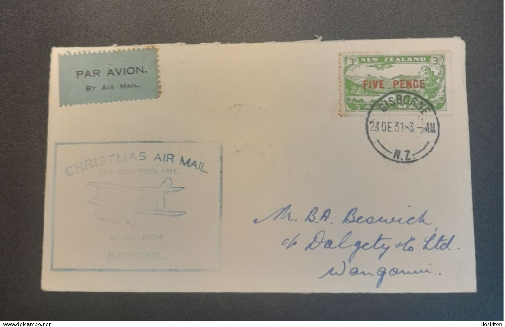 1931-24 Dec  Special Christmas Survey Flights Cat 66a Gisborne-Wanganui - Lettres & Documents