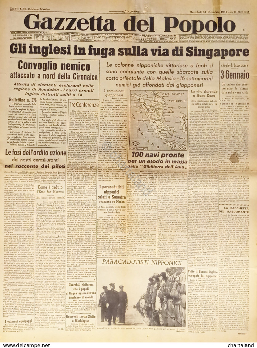 Gazzetta Del Popolo N. 311 - 1941 Gli Inglesi In Fuga Sulla Via Di Singapore - Altri & Non Classificati