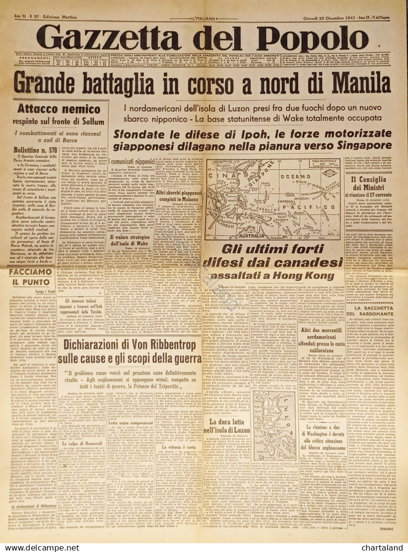 Gazzetta Del Popolo N. 307 - 1941 Grande Battaglia In Corso A Nord Di Manila - Altri & Non Classificati