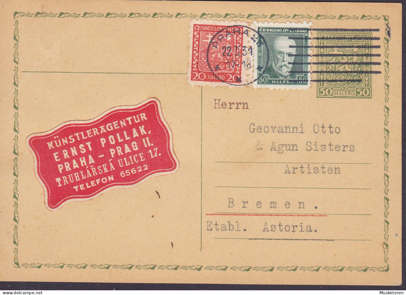 Czechoslovakia Uprated Postal Stationery Ganzsache Künstleragentur ERNST POLLAK Vignette PRAHA Prag 1934 BUDAPEST - Cartes Postales