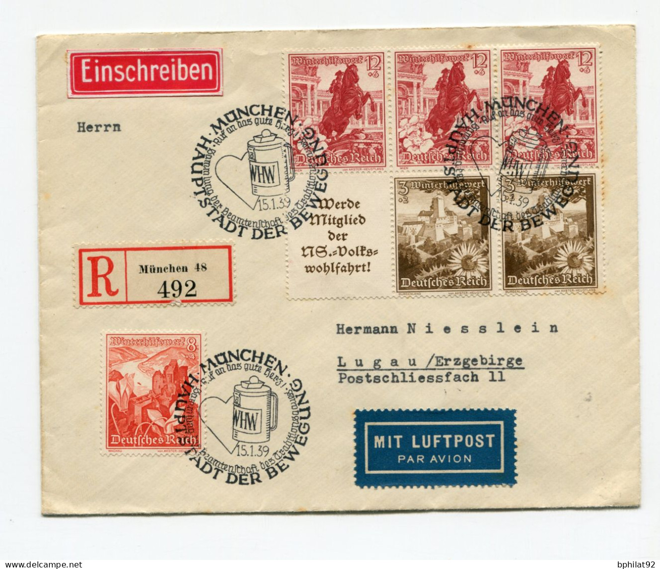 !!! ALLEMAGNE, PANNEAU DE CARNET SUR LETTRE RECOMMANDEE PAR AVION DE MUNICH DE 1939 - Postzegelboekjes