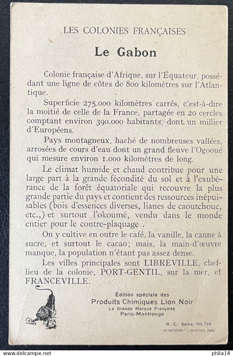 SP CPA GABON / CARTE PUBLICITAIRE LE GABON / PRODUIT CHIMIQUE LE LION NOIR - Lettres & Documents