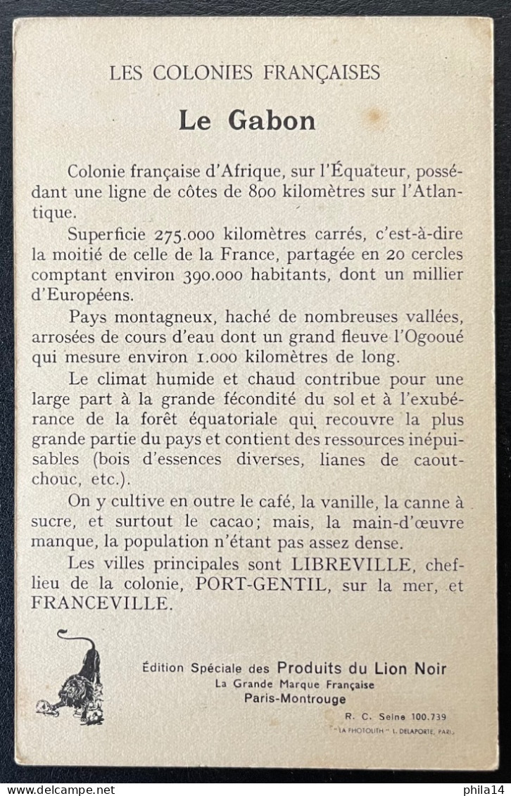 SP CPA GABON / CARTE PUBLICITAIRE LE GABON / PRODUIT CHIMIQUE LE LION NOIR - Cartas & Documentos