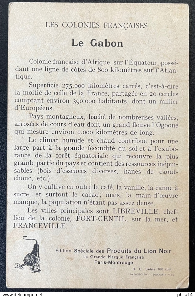 SP CPA GABON / CARTE PUBLICITAIRE LE GABON / PRODUIT CHIMIQUE LE LION NOIR - Lettres & Documents