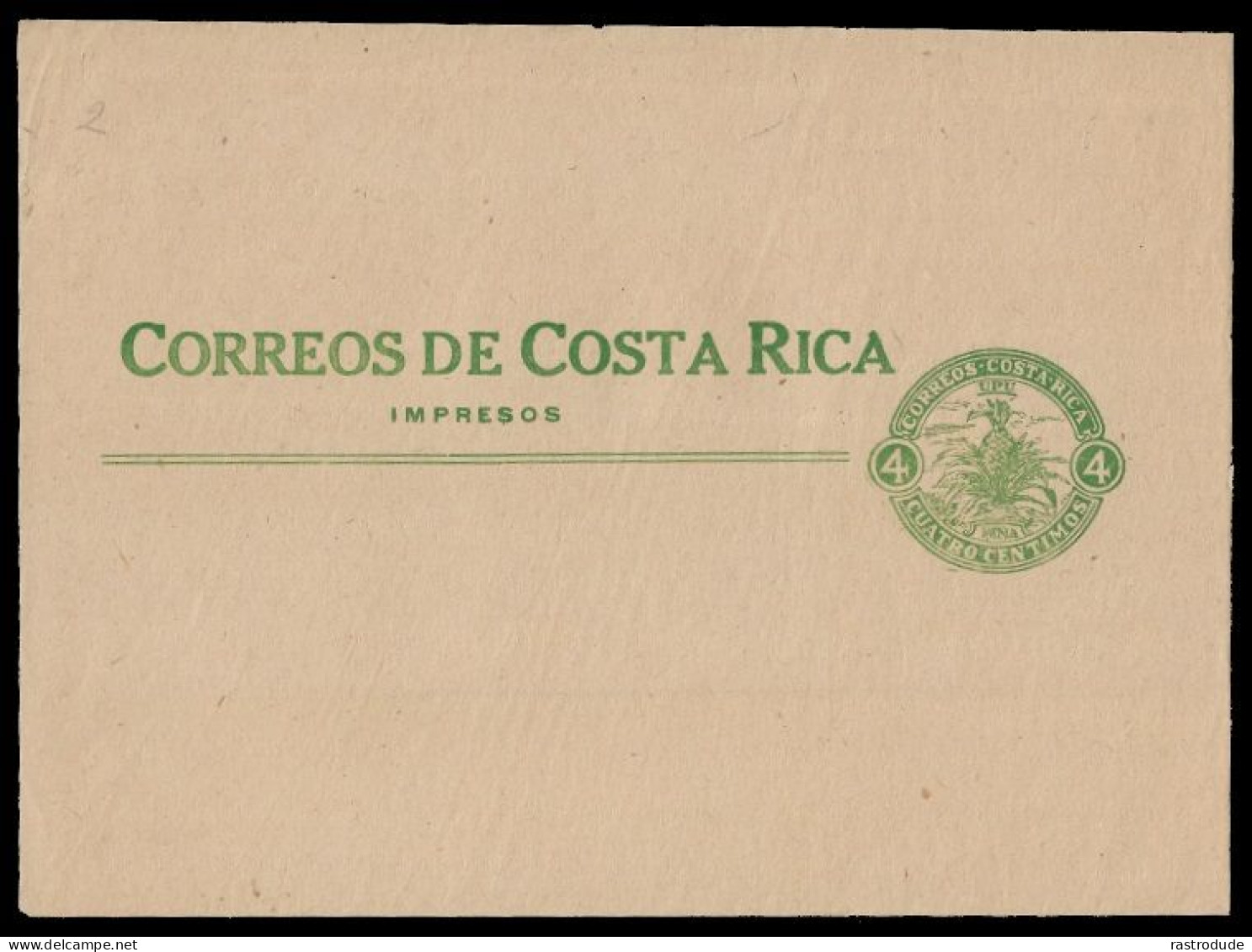 1923 COSTA RICA H&G 2 RRR -  UPU 4 CENT GREEN WRAPPER IMPRESOS - PINEAPPLE ANANAS PIÑA - VERY RARE - Fruits