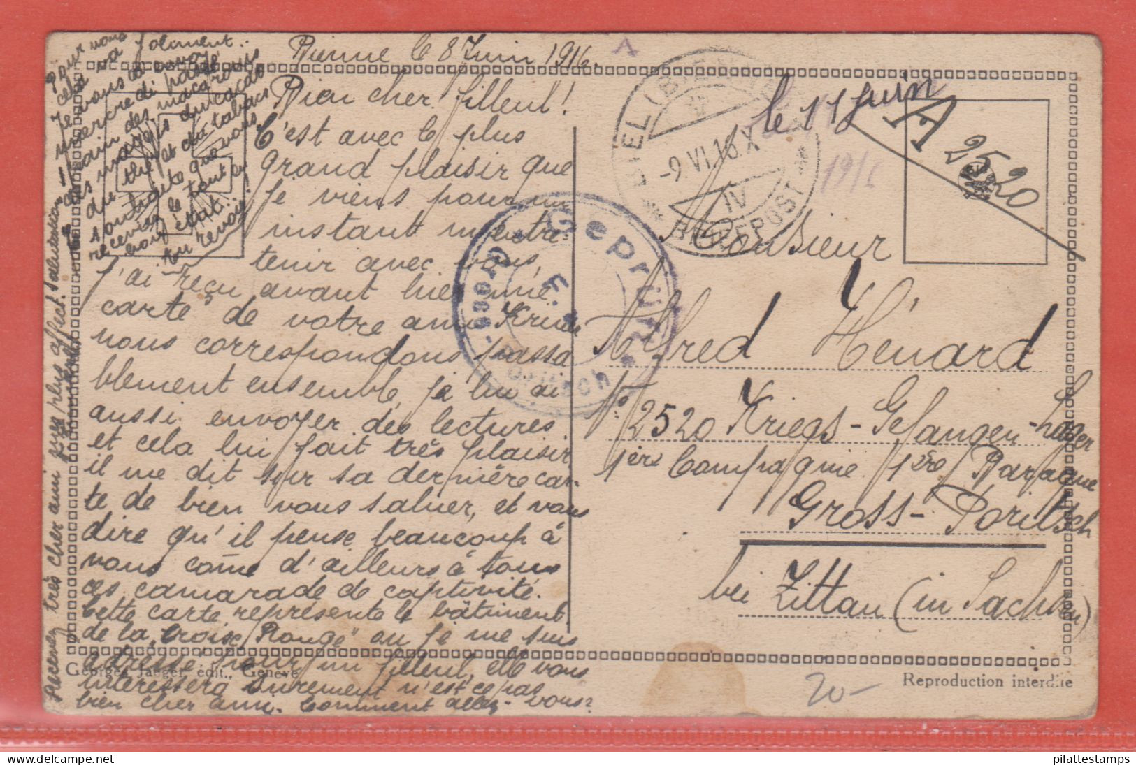 SUISSE CARTE EN FRANCHISE CENSUREE DE 1916 DE BIENNE POUR GROSS PORITSCH ALLEMAGNE - Franchigia