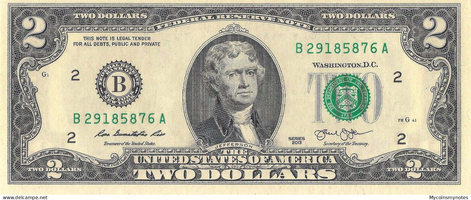 USA, $2 Dollars, Federal Reserve Bank Of New York "B", P538, 2013, UNC - Sin Clasificación