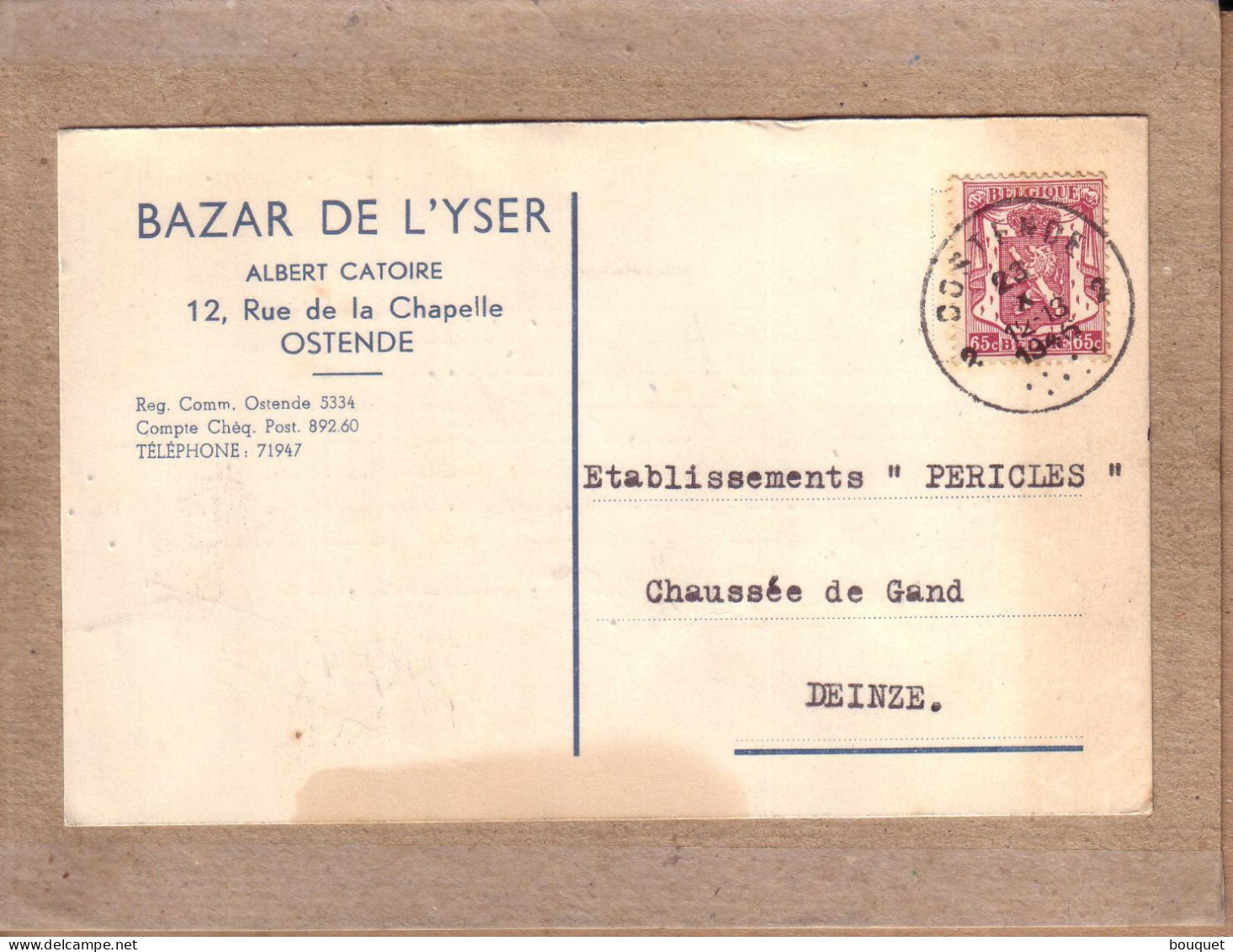 BELGIQUE - CARTE POSTALE PRIVEE BAZAR DE L' YSER ALBERT CATOIRE OSTENDE POUR DEINZE , LION HERALDIQUE 65 C - 1946 - 1929-1937 Heraldieke Leeuw