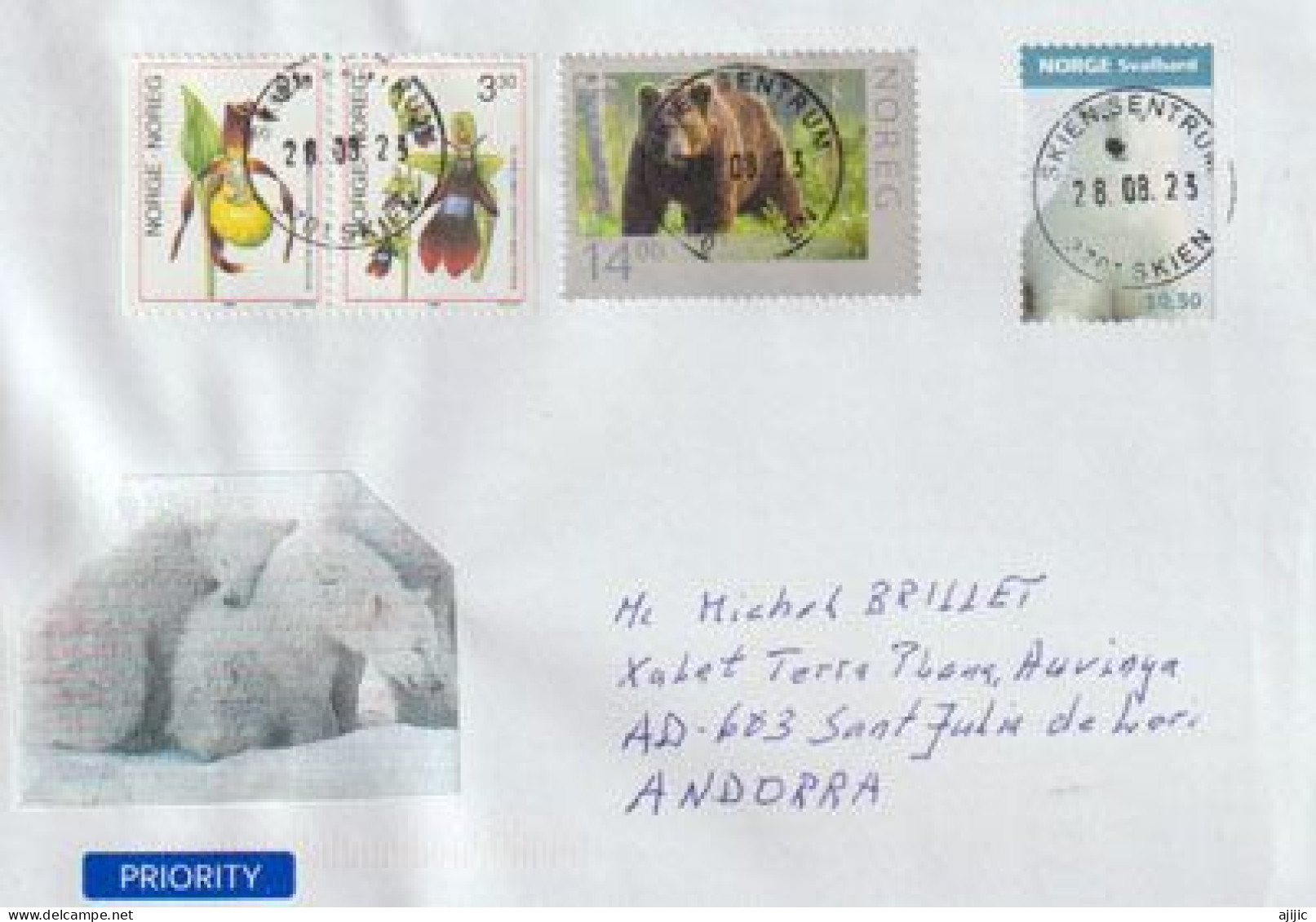 Polar Bear,Svalbard & Brown Bear Of Norway, Letter 2023 Of Norway To Andorra (Principat) - Lettres & Documents