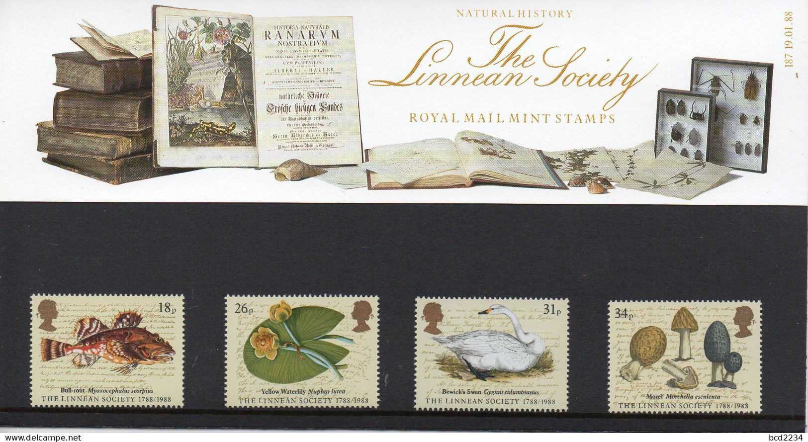 GB GREAT BRITAIN 1988 BICENTENARY OF LINNEAN SOCIETY PRESENTATION PACK No 187 WORLD'S OLDEST BIOLOGY & NATURAL HISTORY - Cigni