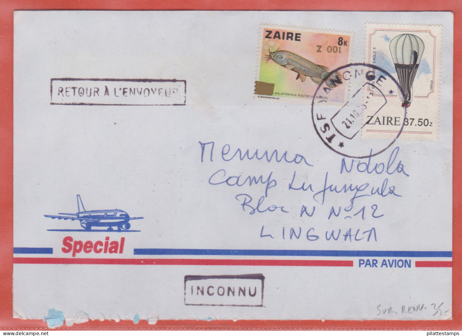 ZAIRE SURCHARGE RENVERSEE SUR LETTRE DE 1985 DE YANONGE - Cartas & Documentos