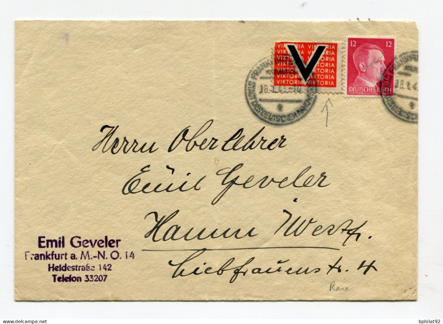 !!! ALLEMAGNE, VIGNETTE V (VICTOIRE) SUR LETTRE DE 1943, RARE - Vervalsingen En Oorlogspropaganda