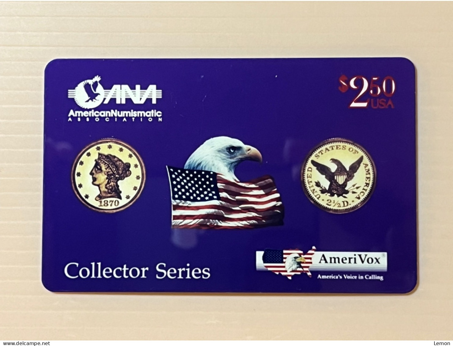 Mint USA UNITED STATES America Prepaid Telecard Phonecard, $2.50 Quarter Eagle 1870 Proof Coin Flag, Set Of 1 Mint Card - Colecciones