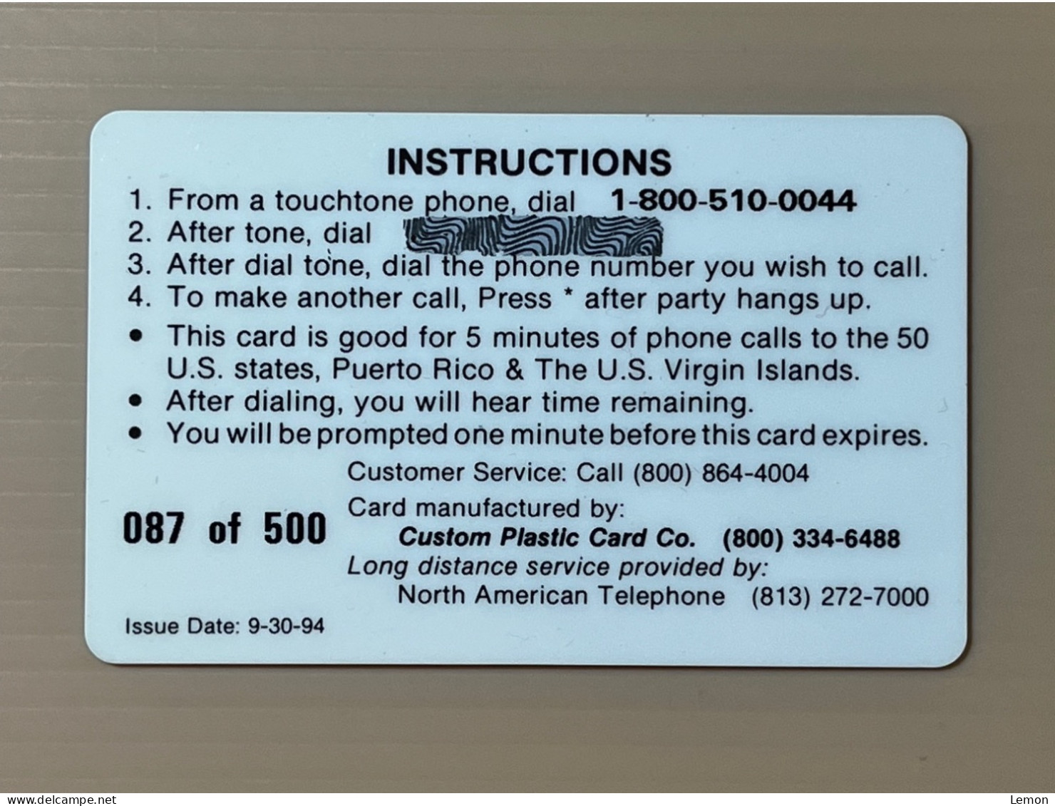 Mint USA UNITED STATES America Prepaid Telecard Phonecard, CUSTOM Plastic Card Company (500EX), Set Of 1 Mint Card - Collections