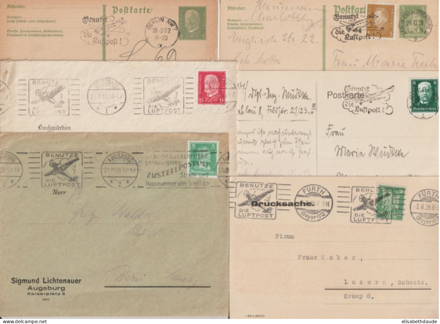 1923/1932 - WEIMAR - PROPAGANDE AERIENNE ! 6 OBLITERATIONS MECA / LETTRES Et CARTES ! - Airmail & Zeppelin